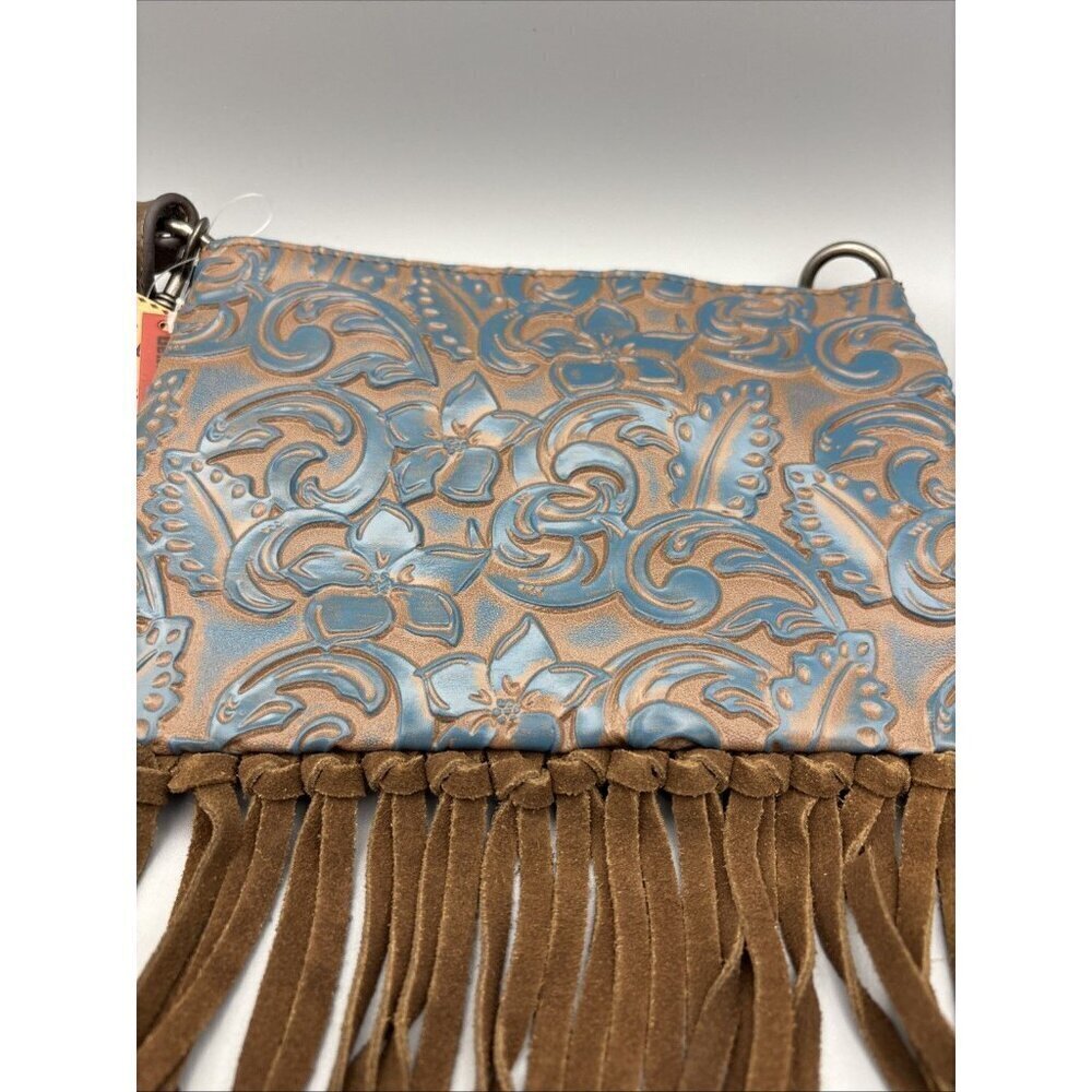 Justin Convertible Bag Wristlet & Earrings Brown Blue Embossed Fringe Western - Picture 3 of 6